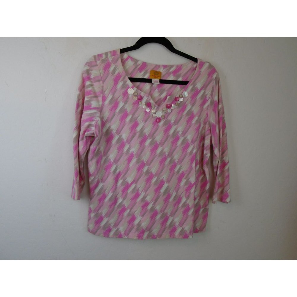 Ruby Rd XL Petite Beaded Split Neck V Neck 3/4 Slv Top Pink Watercolor Print